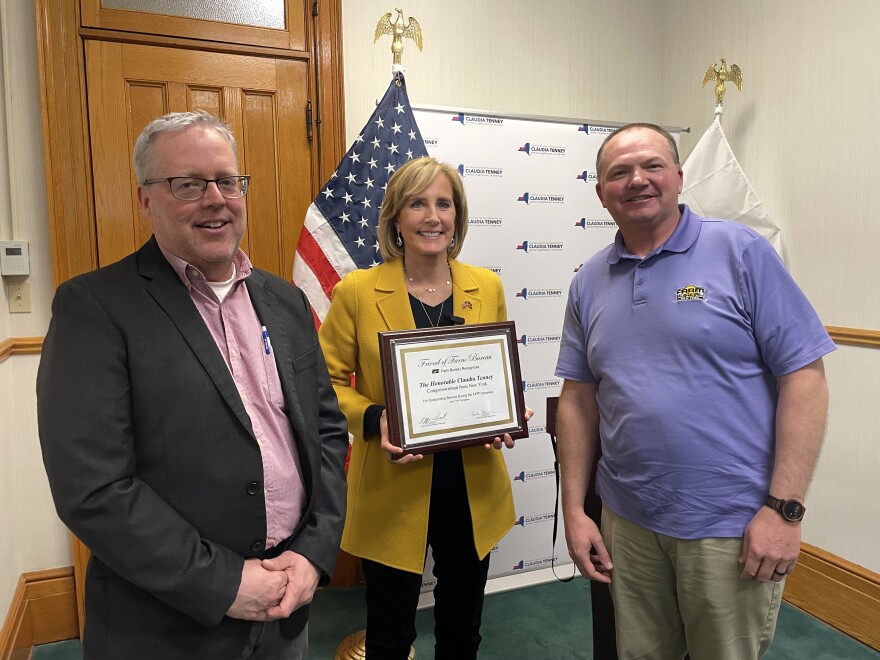 Rep. Claudia Tenney (R-N.Y.) was prevented the New York Farm Bureau’s Friend of the Farm Bureau Award by Oswego Farm Bureau President Bruce Gibson following her Farm Bill listening session in Oswego on April 5, 2023.