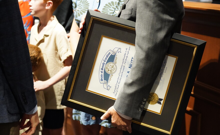 Former Spartanburg Republican Sen. Roger Nutt received the Order of the Palmetto from Gov. Henry McMaster on Tuesday, Sept. 8, 2026, at the Spartanburg County Courthouse.