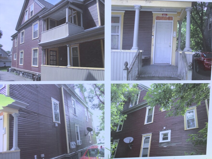  Four pictures show the exterior windows, porches, and doors of a dark red house before and after lead paint remediation.