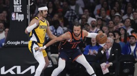 Indiana Pacers' Andrew Nembhard (2) defends against New York Knicks' Jalen Brunson (11) during the first half of Game 2 in an NBA basketball second-round playoff series Wednesday, May 8, 2024, in New York. (AP Photo/Frank Franklin II)