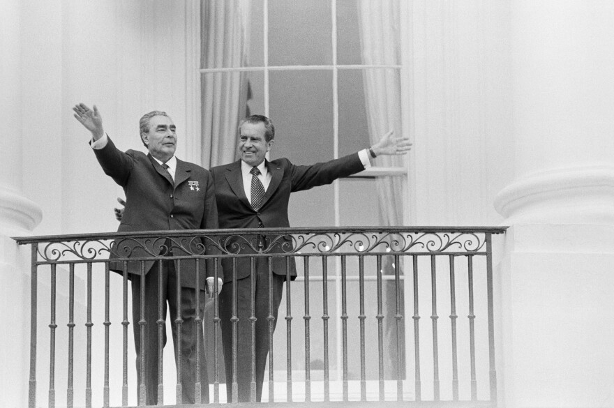 President Richard Nixon hosts Soviet leader Leonid Brezhnev at the White House in 1973. Nixon made his name as a cold warrior, but he sought a working relationship with the Soviets, which led to his policy of detente and important arms control treaties.