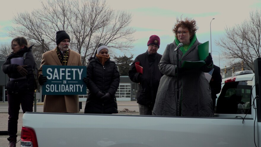 Jen Dreiske, President of the Mt. Zion congregation, addresses a crowd during a demonstration against anti-Semitic material reported throughout Sioux Falls on Sunday, December 5, 2021.