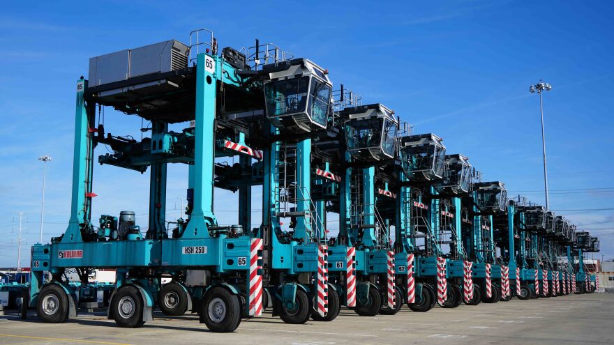 Hybrid shuttle carriers at the Port of Virginia, which use half-electric power rather than all diesel. (Image via Port of Virginia)