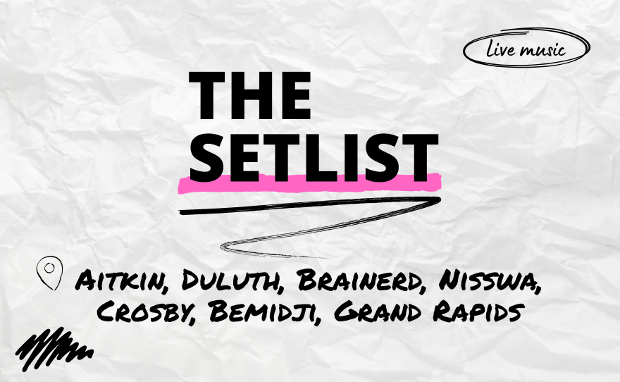 "The Setlist" and " Aitkin, Duluth, Brainerd, Nisswa, Crosby, Bemidji, Grand Rapids" over a crumpled paper background.