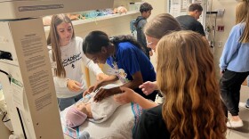 Teenagers crowd around a mannequin of a newborn baby and practice swaddling it.