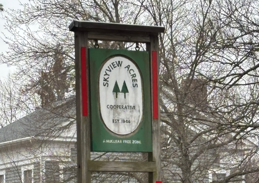 The sign at the entrance to the Skyview Acres Cooperative in Pomona, NY.