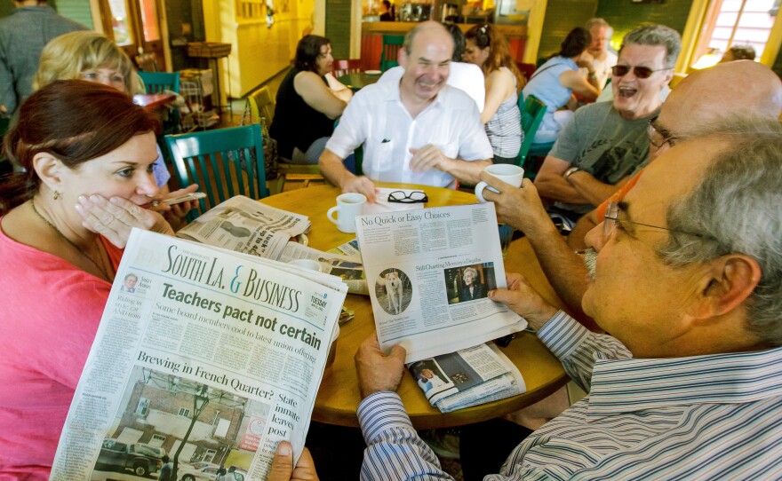 A year later, these friends are still gathering to talk over the paper, but it's not <em>The Times-Picayune.</em> From left: Sue Paraski, Sharon Morrow, Eric Hartman, Joe Mole.