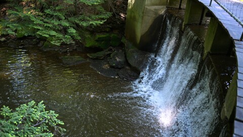 Water falls over a dam in a ravine
