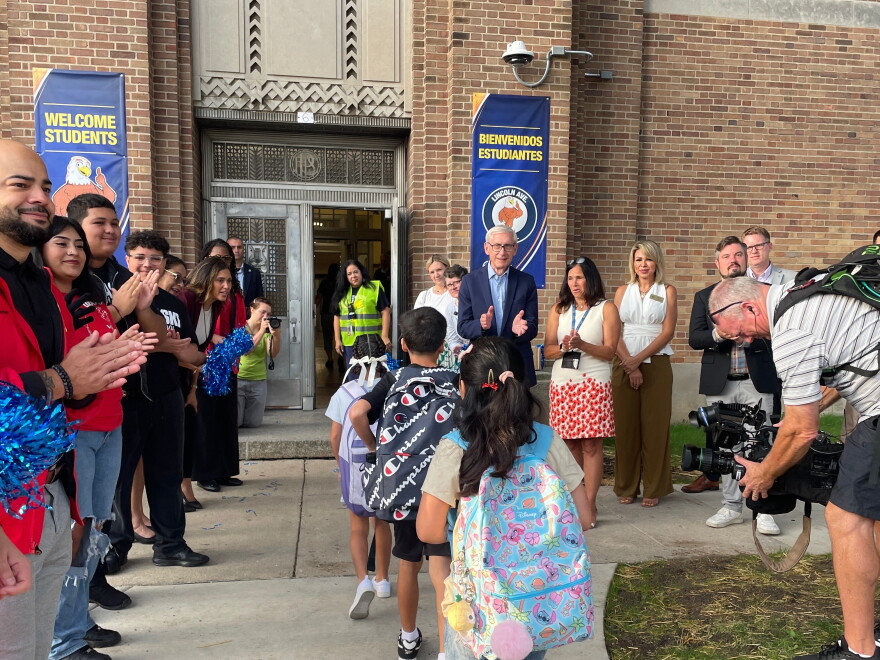 Gov. Tony Evers attends the first day of school on Sept. 1, 2026 at Pulaski High School in Milwaukee.