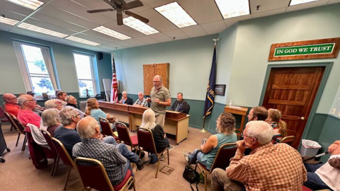 Roger Averbeck addresses his neighbors at the Wallowa County Commission meeting on Aug. 23, 2023, calling on them to find a compromise in the debate to join Idaho.