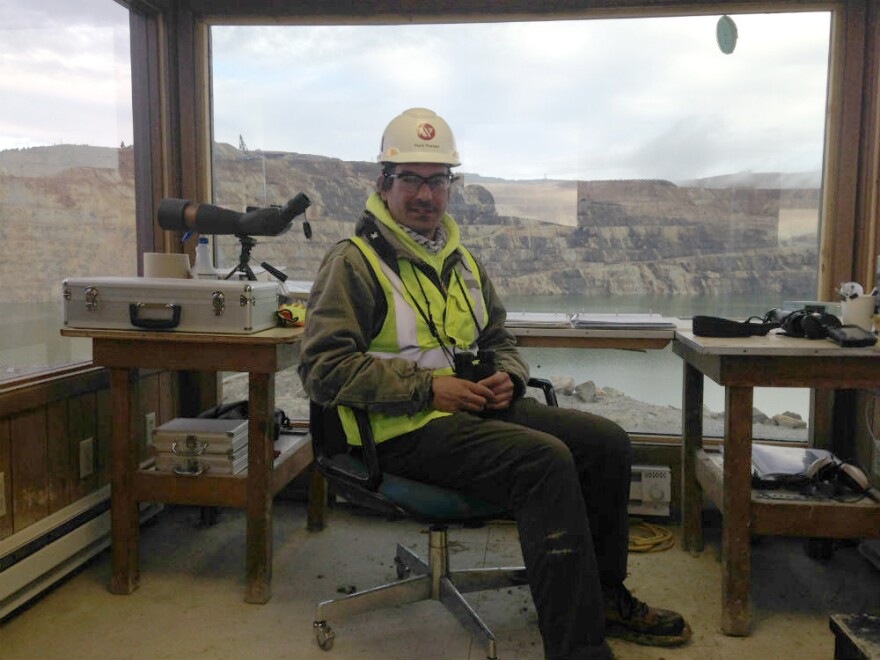 Mark Mariano, a contractor hired by Montana Resources, in the "bird shack" at the Berkeley Pit, where he does daily waterfowl observations. October 2018.