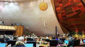 Hawaiʻi House Speaker Nadine Nakamura, at the podium on the right, speaks to representatives and community members gathered for opening day on Wednesday, Jan. 21, 2026.