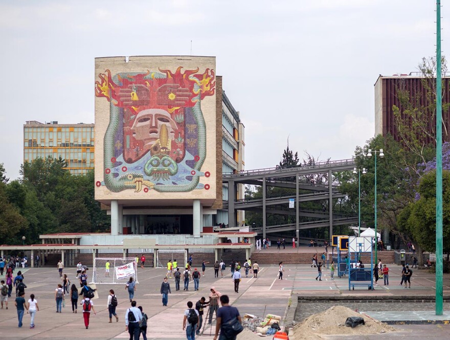 Students walk on the campus of the Universidad Nacional AutÃ³noma de MÃ©xico (the National Autonomous University) in Mexico City.