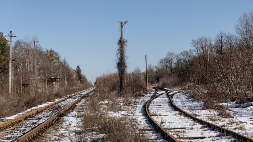 Energoatom, Ukraine's state power company, has warned that Russian soldiers likely received high radiation doses at Chernobyl. Here, an abandoned railway is seen in the Chernobyl zone close to the Ukraine-Belarus border, weeks before the Russian invasion.