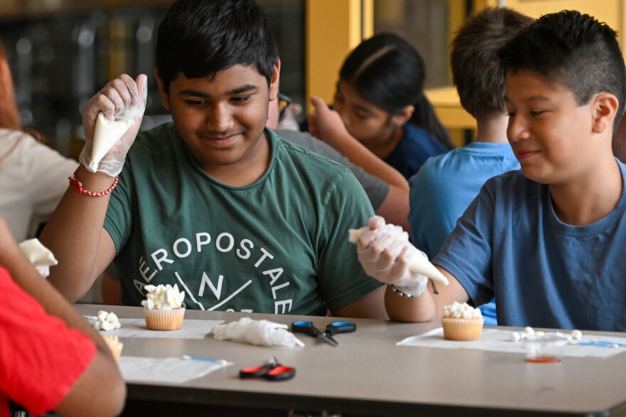 Harsh Patel and Fabian Lopez look at the icing on Patel's cupcake.