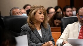 El Paso County District Attorney Yvonne Rosales listens to District Judge Sam Medrano at a July 1 hearing on the Walmart shooting case.