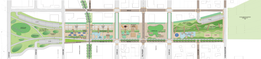 A digitized plan image imagined from a birds eye viewpoint that shows a long section of land divided into green patches and development areas, surrounded by simplified blacks that resemble buildings.