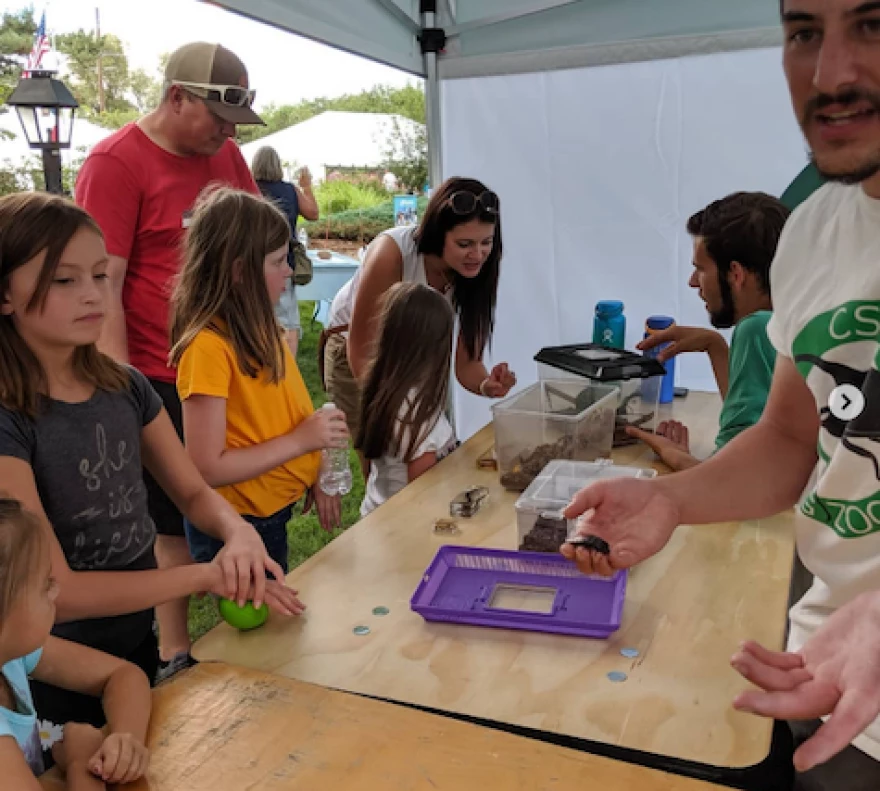 Children gather around a wood-topped table. Two men show the children a variety of insects in their hands and in clear plastic carriers.