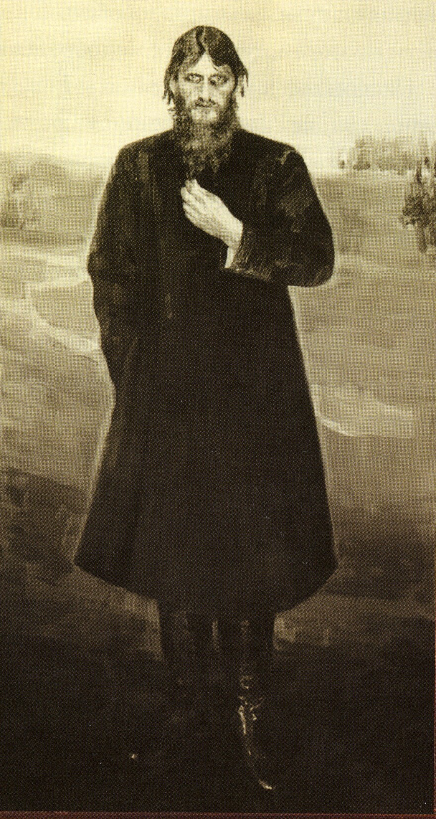 This portrait of Rasputin, looking very much like a Mad Monk, was painted by Alexander Raevsky and commissioned by a female acolyte. Exhibited at the Academy of Fine Arts in 1912, the portrait was lost during the Russian Revolution, but photographs survived.