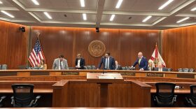 AG James Uthmeier, Gov. Ron DeSantis, CFO Blaise Ingoglia, and Ag Commissioner Wilton Simpson at a Cabinet meeting on Sep. 30, 2025. (Photo by Liv Caputo/Florida Phoenix)