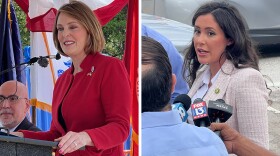 Kathy Castor, left, and Anna Paulina Luna speaking into microphones
