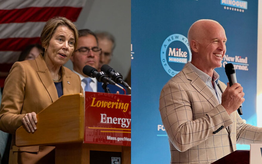Massachusetts Gov. Maura Healey, left, and her Republican challenger Mike Minogue faced off in the first debate of the campaign on Thursday, Oct. 8, 2026, in Boston.
