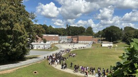 Students march along the track at Hanes Magnet School in Winston-Salem. 