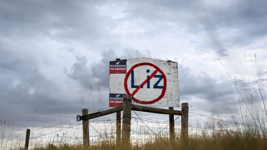 Ahead of Rep. Liz Cheney's primary loss Tuesday, a sign stood on the side of a road in Casper, Wyo. in opposition to Cheney and in support of her primary opponent Harriet Hageman.