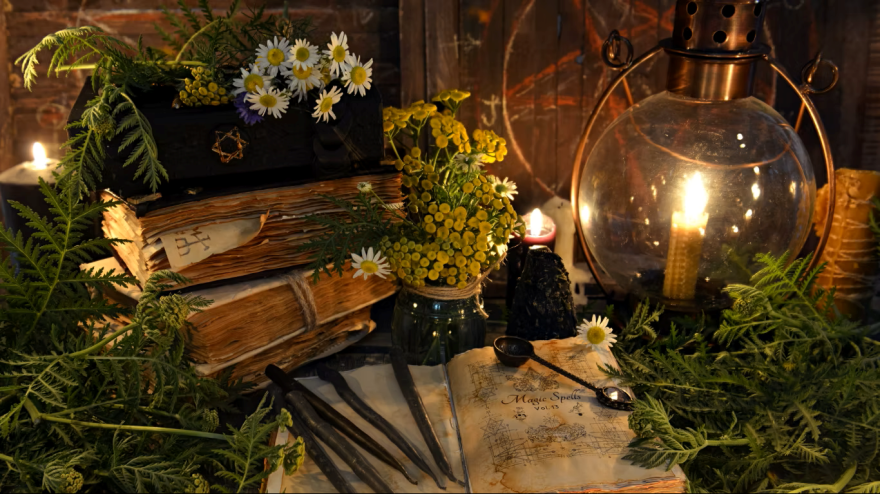 Flowers, vines, and candles surround a book on a table that reads Magic Spells.