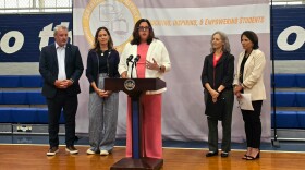 Scranton School District Superintendent Erin Keating speaks about the impact of the state program for free period products. She is joined, from left, by state Reps. Kyle Donahue and Bridget Kosierowski, Secretary of Health Debra Bogen and Carol Rothenberger, the district's chief nurse.