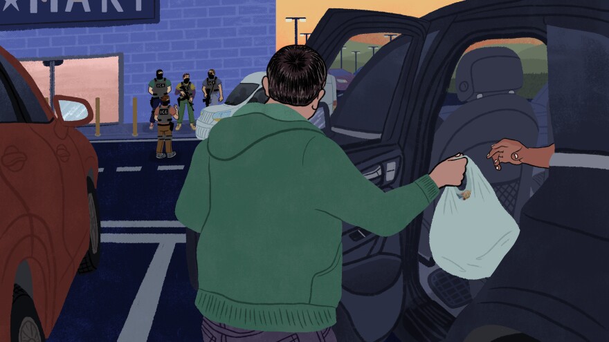 An illustration of a person in a green sweatshirt handing a grocery bag to someone in a car as ICE agents stand in front of a grocery store.