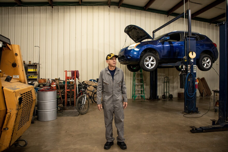Joe Ponce, 63, poses at Ponce’s Transmissions, his family-owned car shop in Fort Worth, on October 29, 2020.