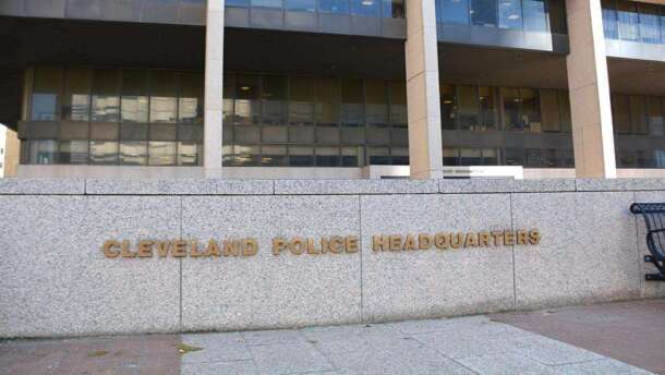 Cleveland police headquarters sign outside the Cuyahoga County Justice Center