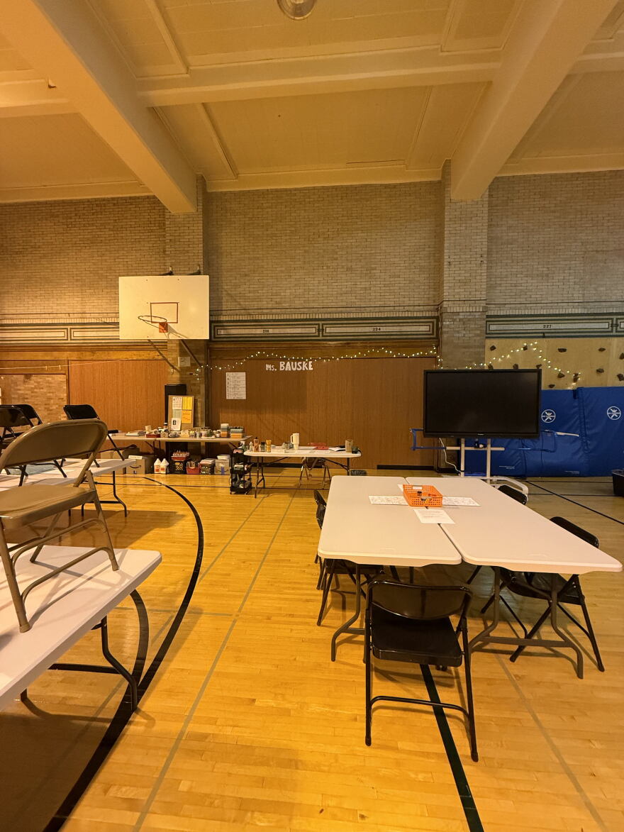 A temporary art classroom at Riverside University High School after flooding in August 2025.