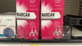 Narcan nasal sprays on a shelf in a store in Anchorage on September 20,2023. Narcan is an opioid overdose reversal drug and is now available over the counter in Alaska. (Rachel Cassandra/Alaska Public Media)