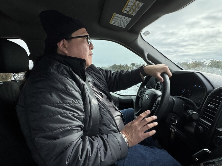 Diné activist Mario Atencio driving around the 10-mile buffer zone near Chaco Canyon on Feb. 20, 2026.