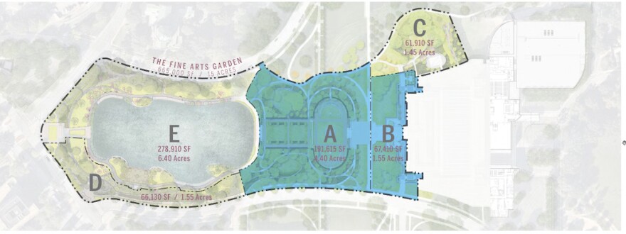 A map depicts the phases, or “scopes” of the Cleveland Museum of Art’s upcoming restoration of the Fine Arts Garden.