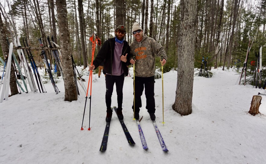 Skiers get ready to get back on the trails after a break at the Hut at Oxbow Beer Garden in Oxford, Maine on Feb. 28, 2026.