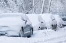 Parked cars along a city street covered in snow after a snowfall.