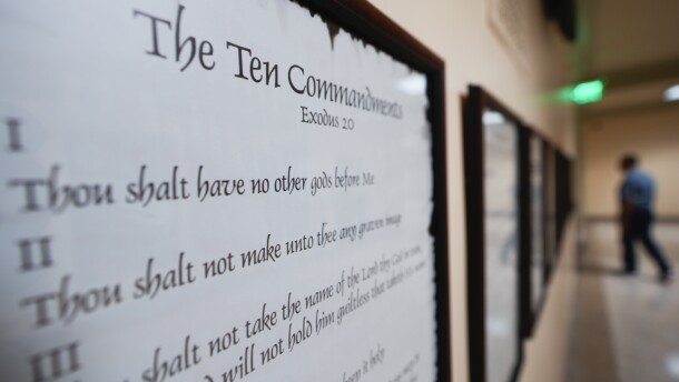 A copy of the Ten Commandments is posted along with other historical documents in a hallway of the Georgia Capitol, Thursday, June 20, 2024, in Atlanta. In motions filed Monday, July 8, 2024, parents challenging a new Louisiana law requiring that the Ten Commandments be posted in public school classrooms are asking a federal court to block implementation of it while their lawsuit progresses — and before the new school year starts.