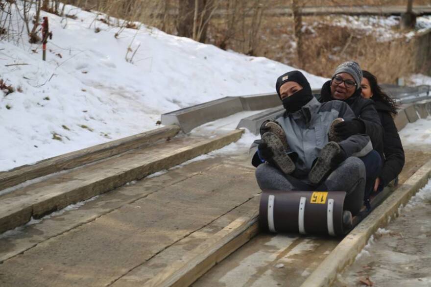 Up to four people can ride a toboggan down Pokagon State Park's toboggan run.