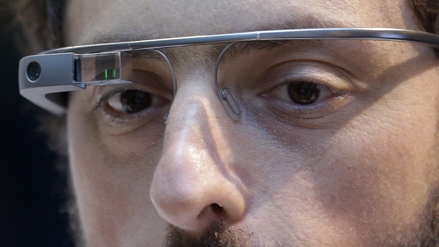 Google co-founder Sergey Brin wears Google Glass glasses at an event on the University of California, San Francisco's Mission Bay campus on Feb. 20.