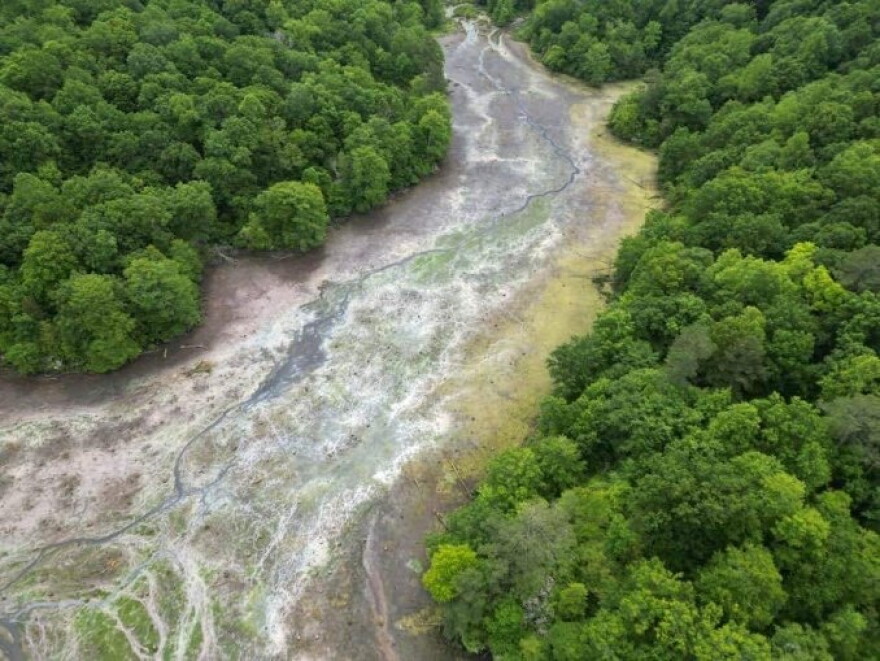An aerial view of Sunken Meadow Pond when it was temporarily drained as part of environmental surveys a few years ago.
