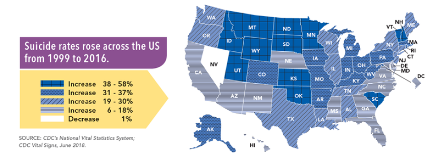 Suicide rates rose across the U.S. from 1999 to 2016.