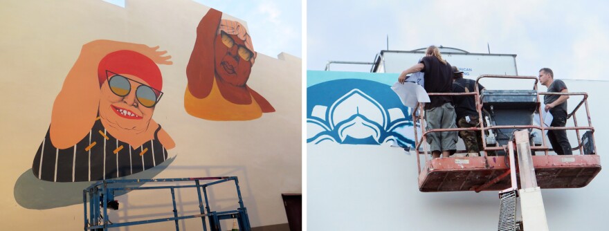 (Left) Artist Marina Capdevila's Old Ladies Doing Aquagym in progress. (Right) Muralist Shepard Fairey works on an environmental awareness piece at Eneida Hartner Elementary.