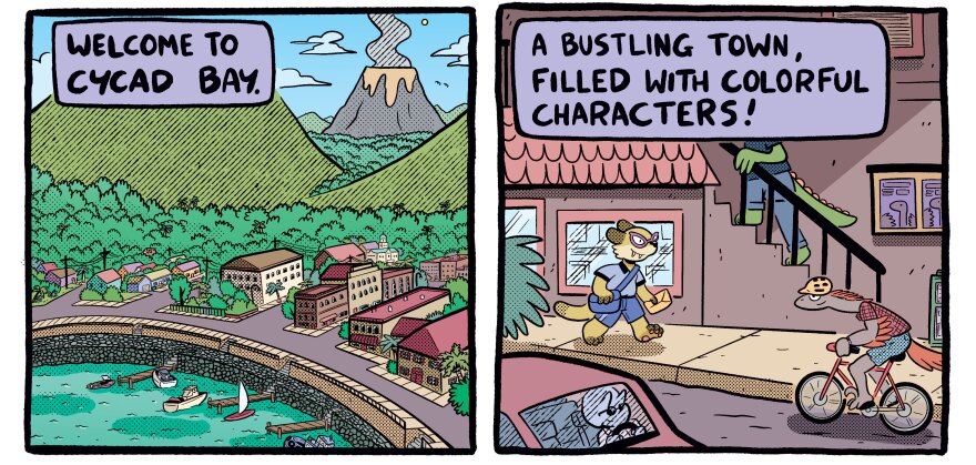 A comic shows a town near a volcano and animal-like characters walking and biking through the streets.