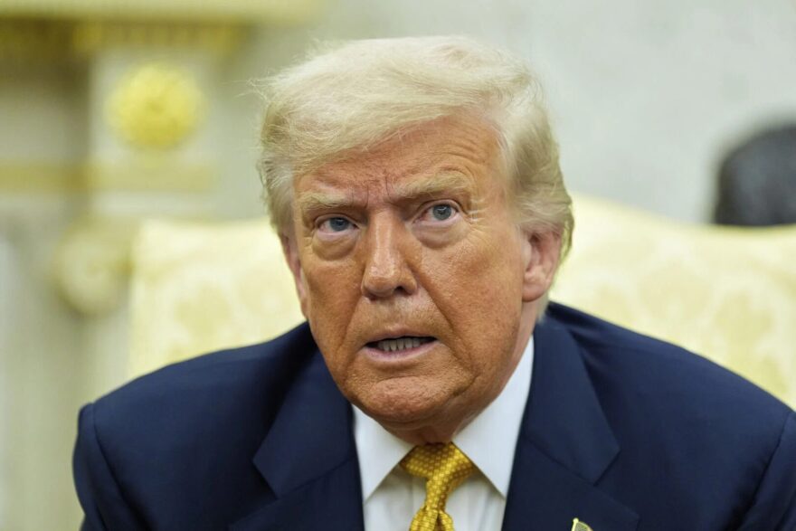 President Donald Trump speaks during a meeting with Bahrain's Crown Prince Salman bin Hamad Al Khalifa in the Oval Office of the White House, Wednesday, July 16, 2025, in Washington.