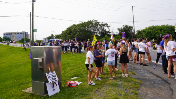Dozens of hospital workers and community members lined both sides of the road leading to the Mount Nittany Medical Center Monday in State College. Unionized workers are looking for higher wage increases across the board. 