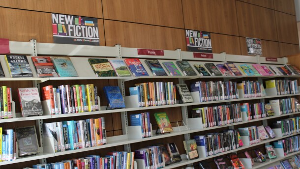 A book display at the South Irving Library, January 14, 2026.