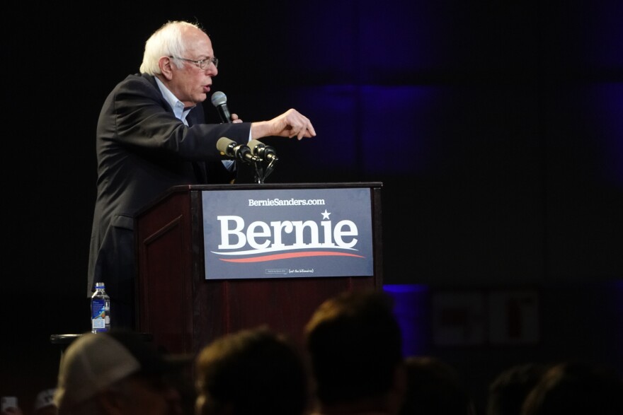 Democratic hopeful Sen. Bernie Sanders (I-Vt.) speaks in front of a crowd of 30,000 in Los Angeles, California, two days before Super Tuesday on March 1, 2020.